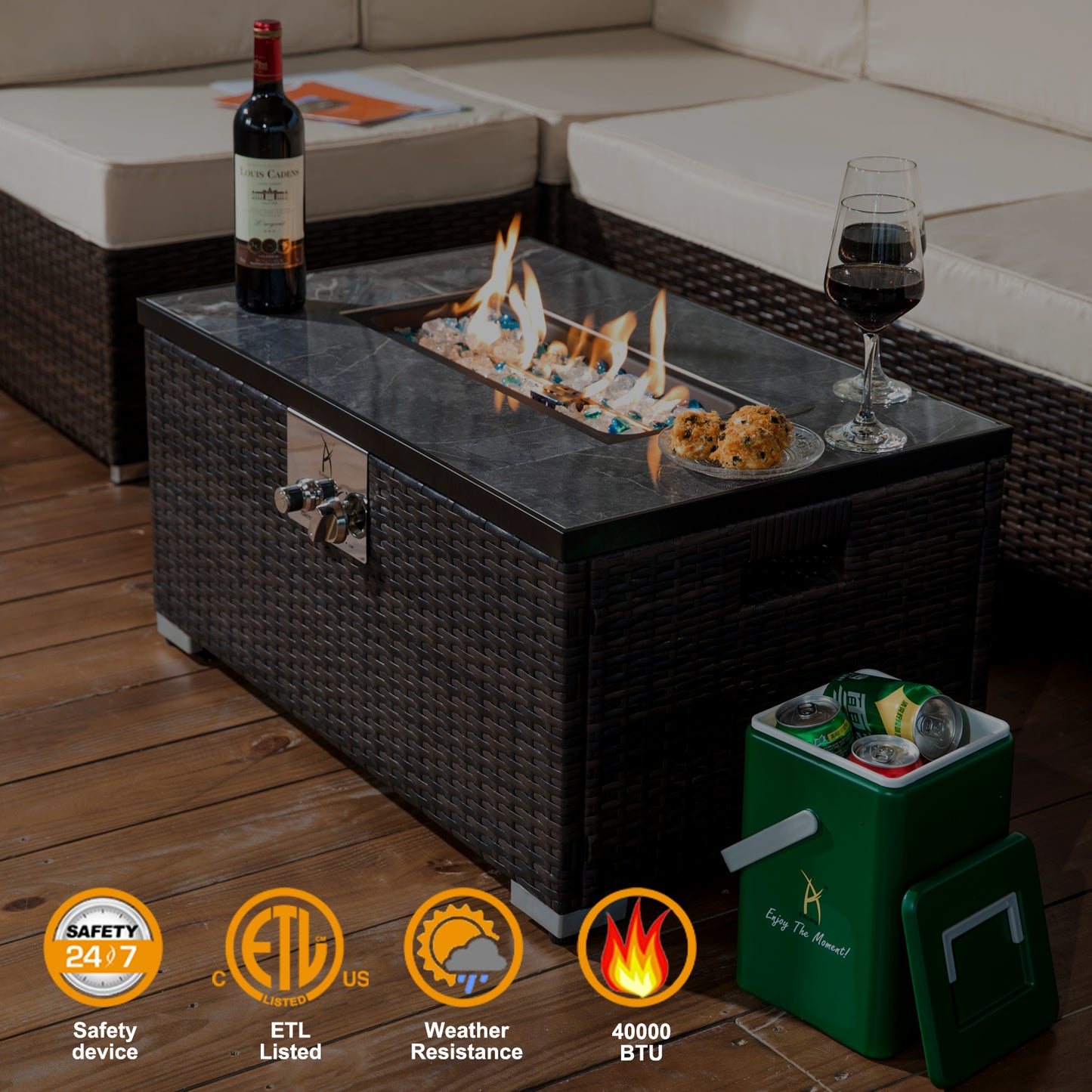 32'' Rectangular Wicker Outdoor Fire Pit Table with Propane Tank Cover