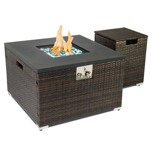 32" Outdoor Wicker Propane/Natural Gas Fire Pit Table Set,Square Gas Firepit with Painted Steel Tabletop