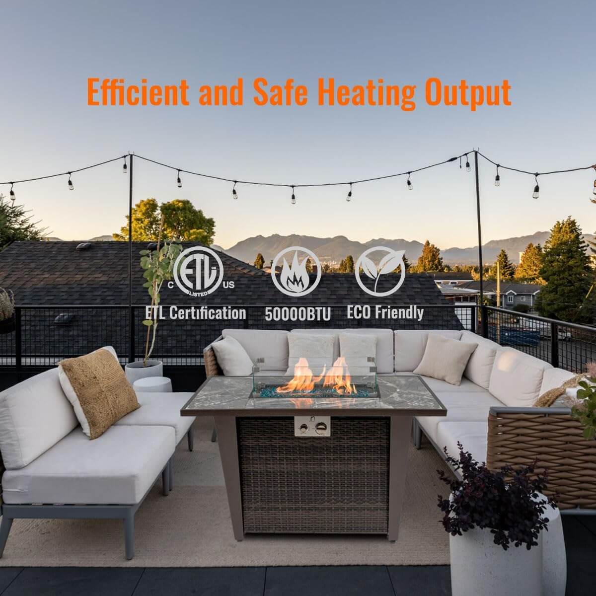 42'' Propane Fire Pit Table, Marble Tile Ceramic Tabletop with Glass Wind Guard