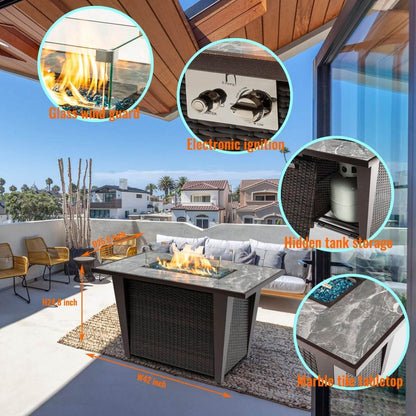 42'' Propane Fire Pit Table, Marble Tile Ceramic Tabletop with Glass Wind Guard