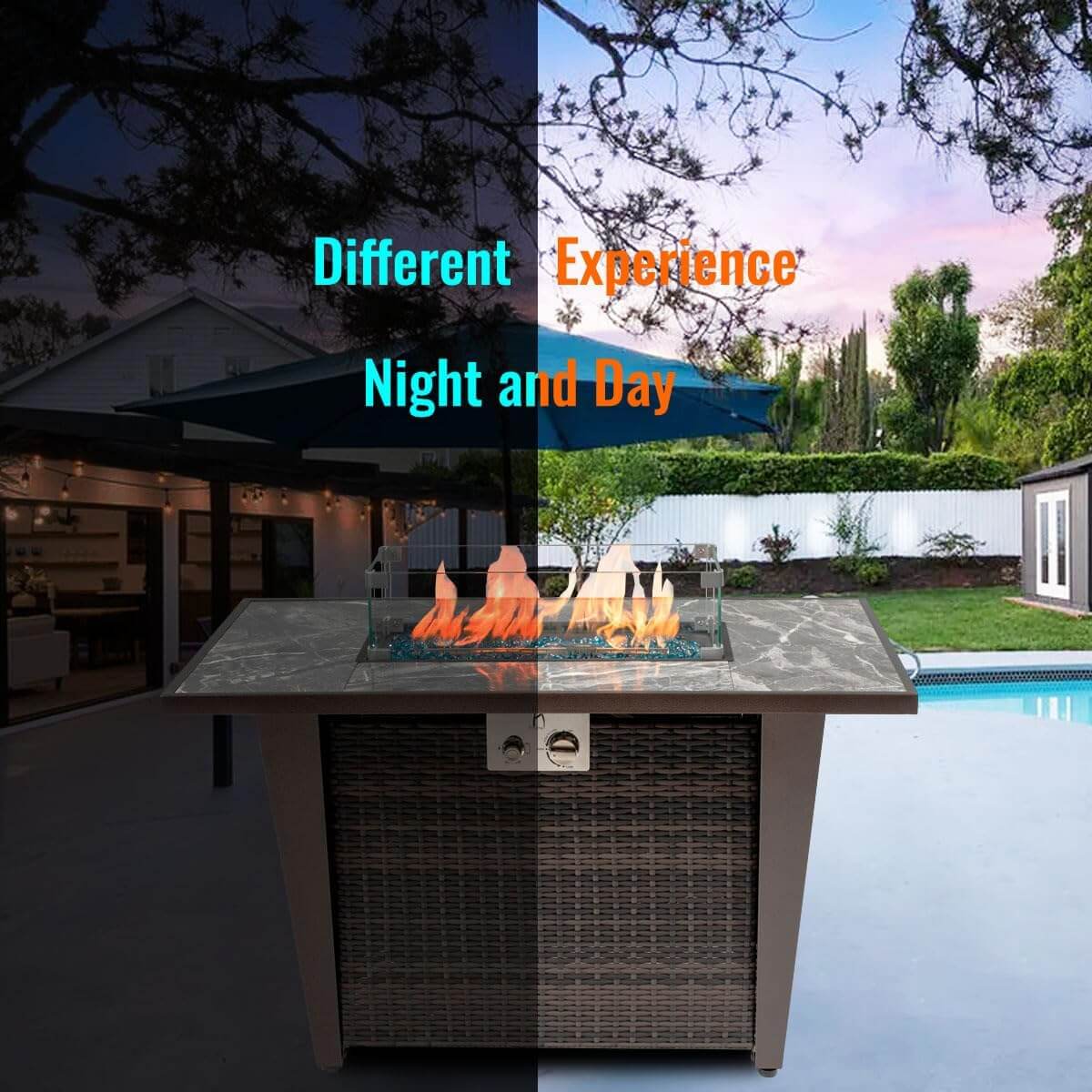 42'' Propane Fire Pit Table, Marble Tile Ceramic Tabletop with Glass Wind Guard