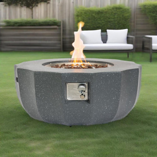 36' Propane Gas Fire Pit Table, 50000 BTU Round Concrete Fire Pit for Outside Patio Deck Garden Backyard- Gray