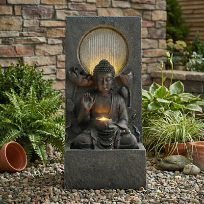 28' H Outdoor Buddha Waterfall Fountain, Freestanding Relaxing Water Feature, Asian Zen Fengshui Decor for Patio, Garden, Backyard, Deck & Home, Ideal Gift Led Fountain