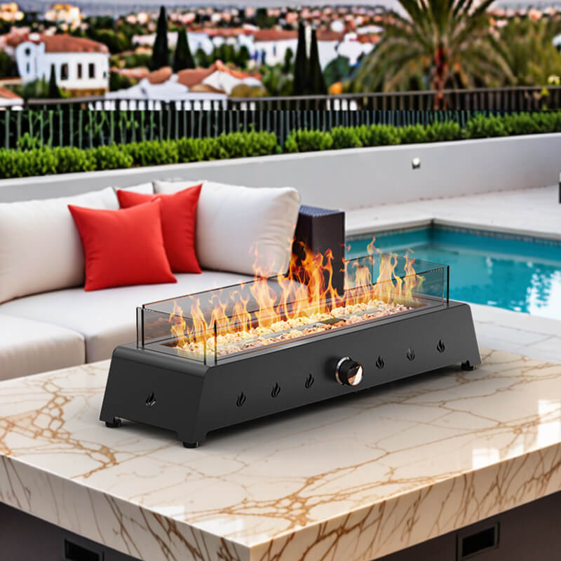 28'' Rectangular Propane Gas Tabletop Fire Pit with Glass Wind