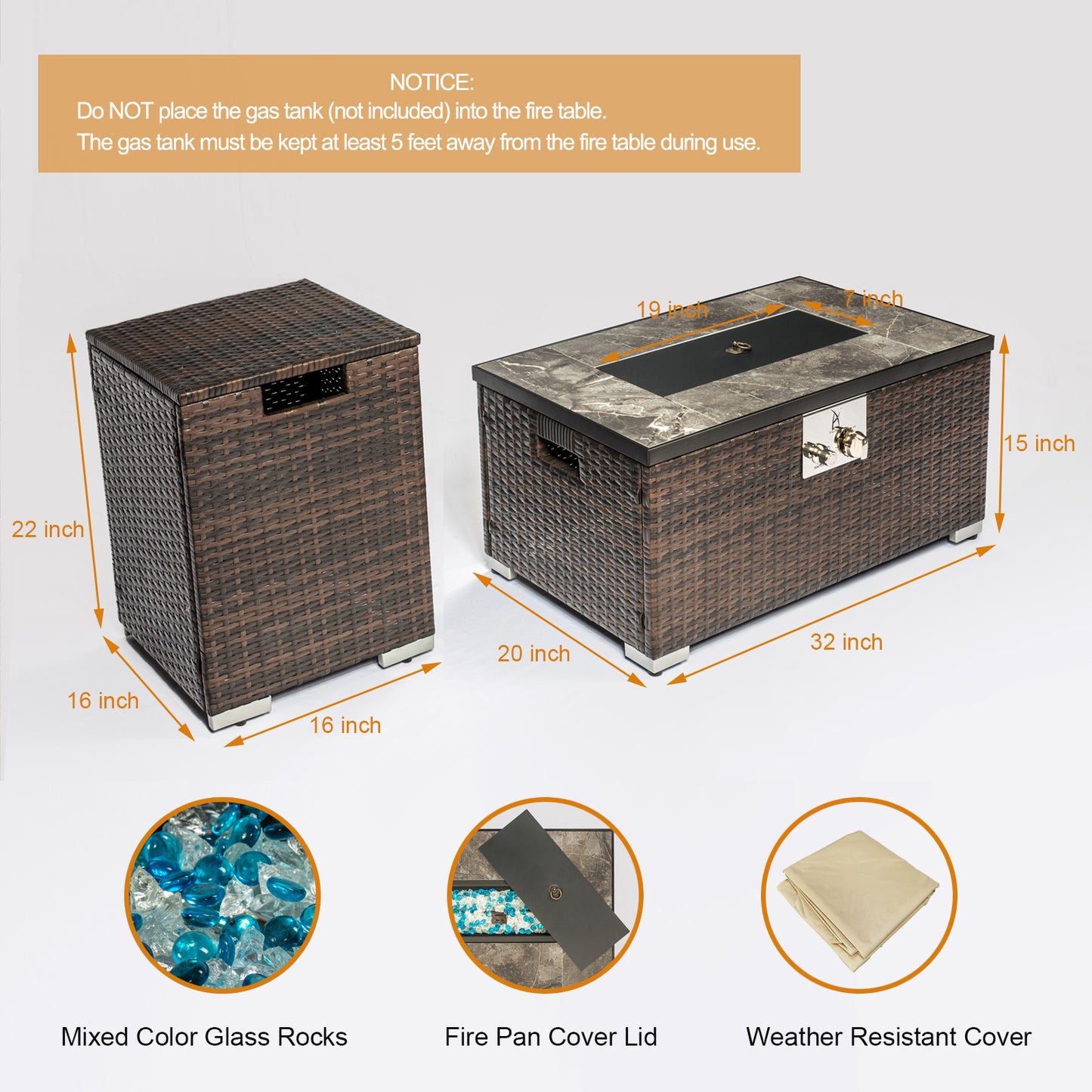 32'' Propane Fire Pit Table, Marble Textured Ceramic Tabletop, 50,000 BTU Fire Table with Brown Wicker, Mix Color Glass Bead, Including Lid&Cover, Rectangle