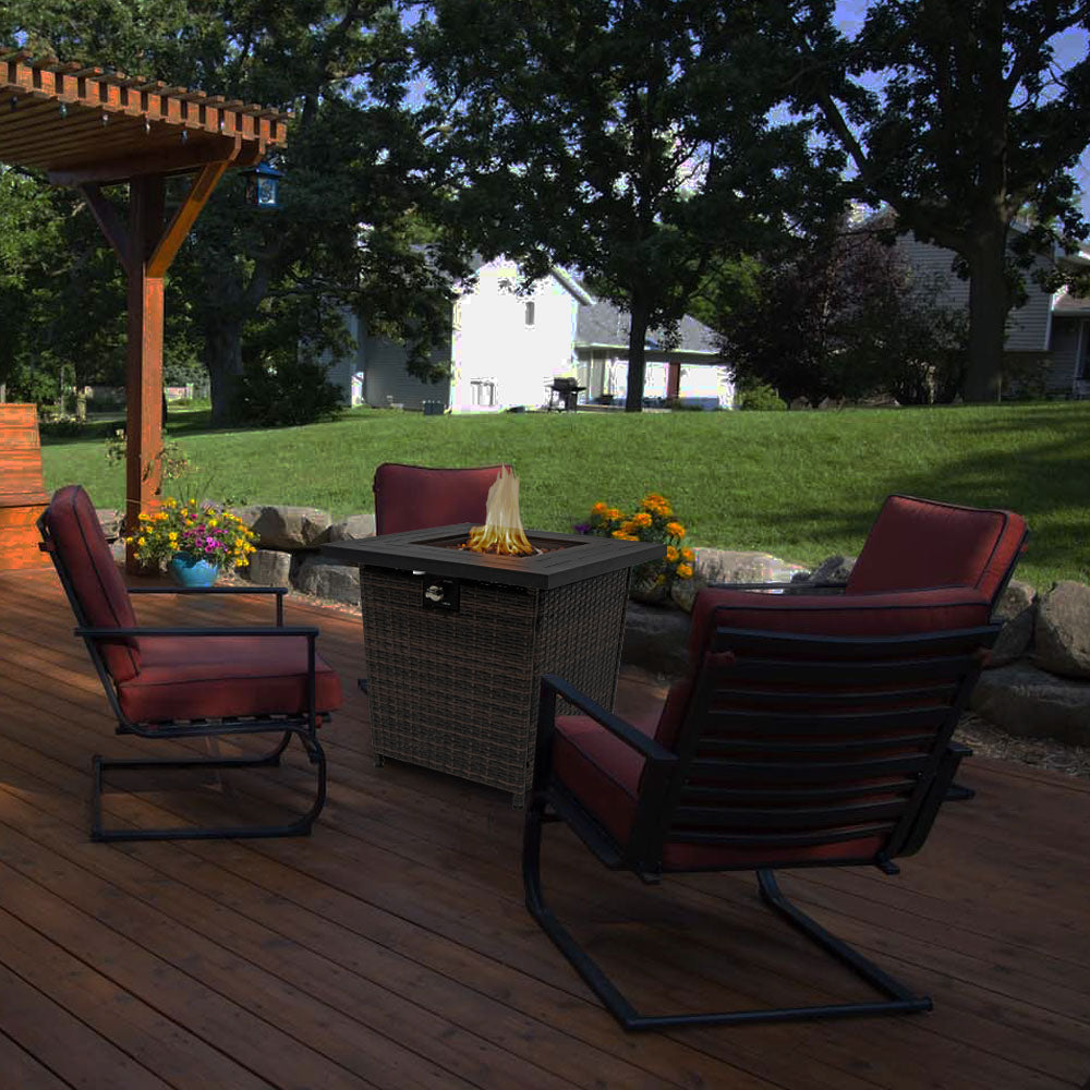 28 inch Propane Fire Pit Table, 50,000 BTU Fire Table with Brown Wicker, Laval Rocks, Inclined Leg Design