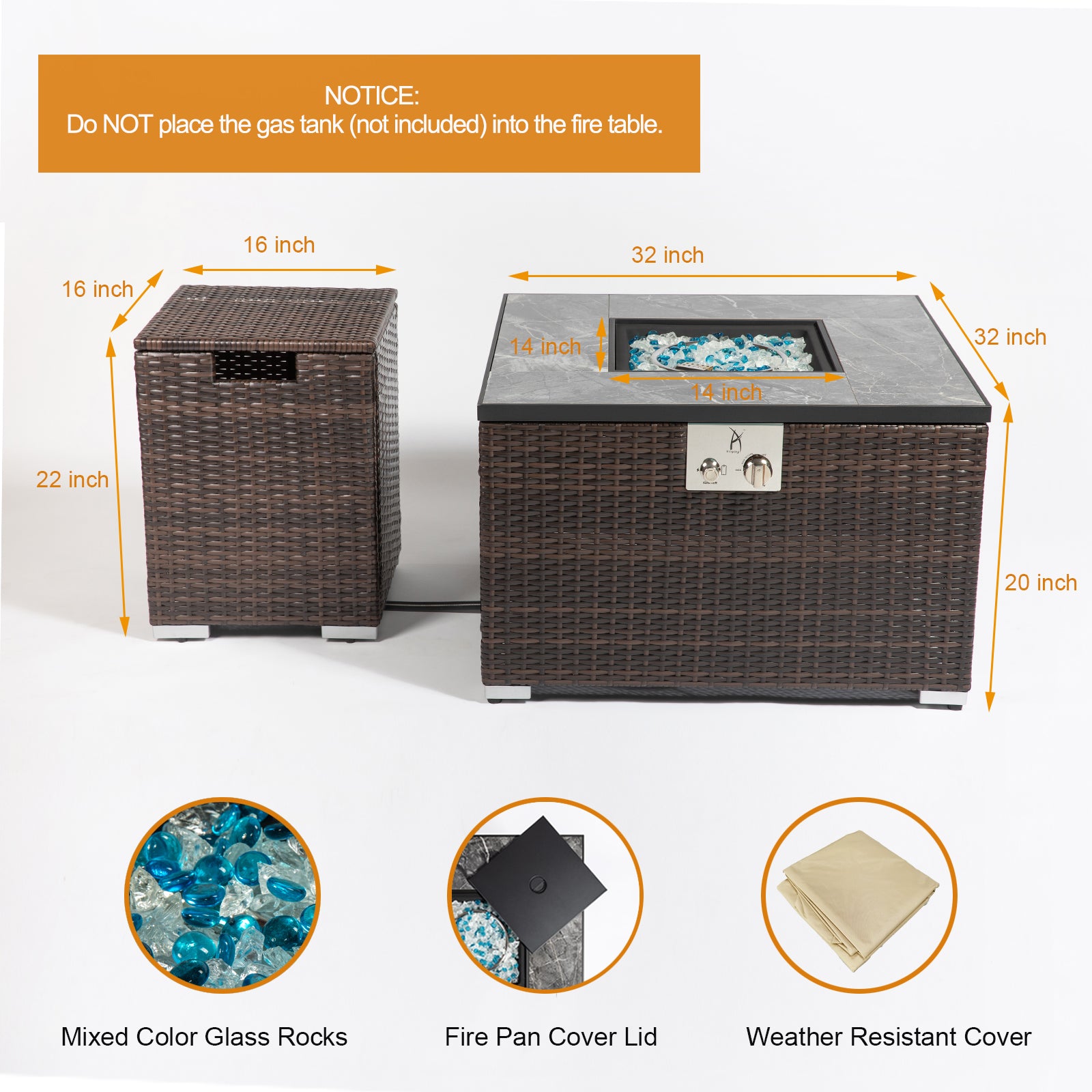 32" Outdoor Wicker Propane/Natural Gas Fire Pit Table Set,Square Gas Fire Pit with Marble Textured Ceramic Tabletop