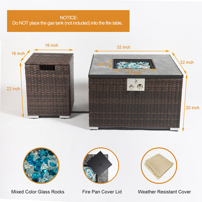 32" Outdoor Wicker Propane/Natural Gas Fire Pit Table Set,Square Gas Fire Pit with Marble Textured Ceramic Tabletop