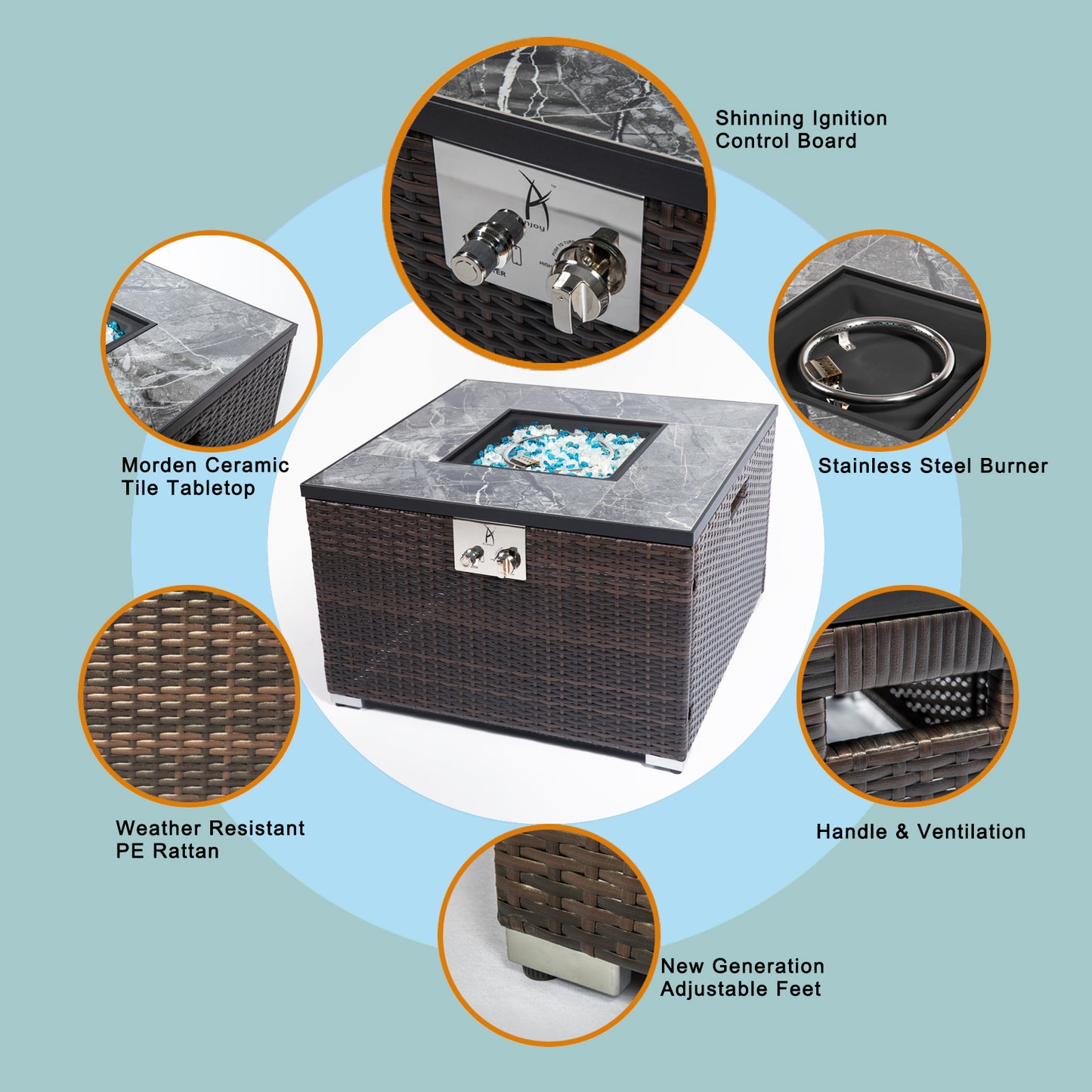 32" Outdoor Wicker Propane/Natural Gas Fire Pit Table Set,Square Gas Fire Pit with Marble Textured Ceramic Tabletop