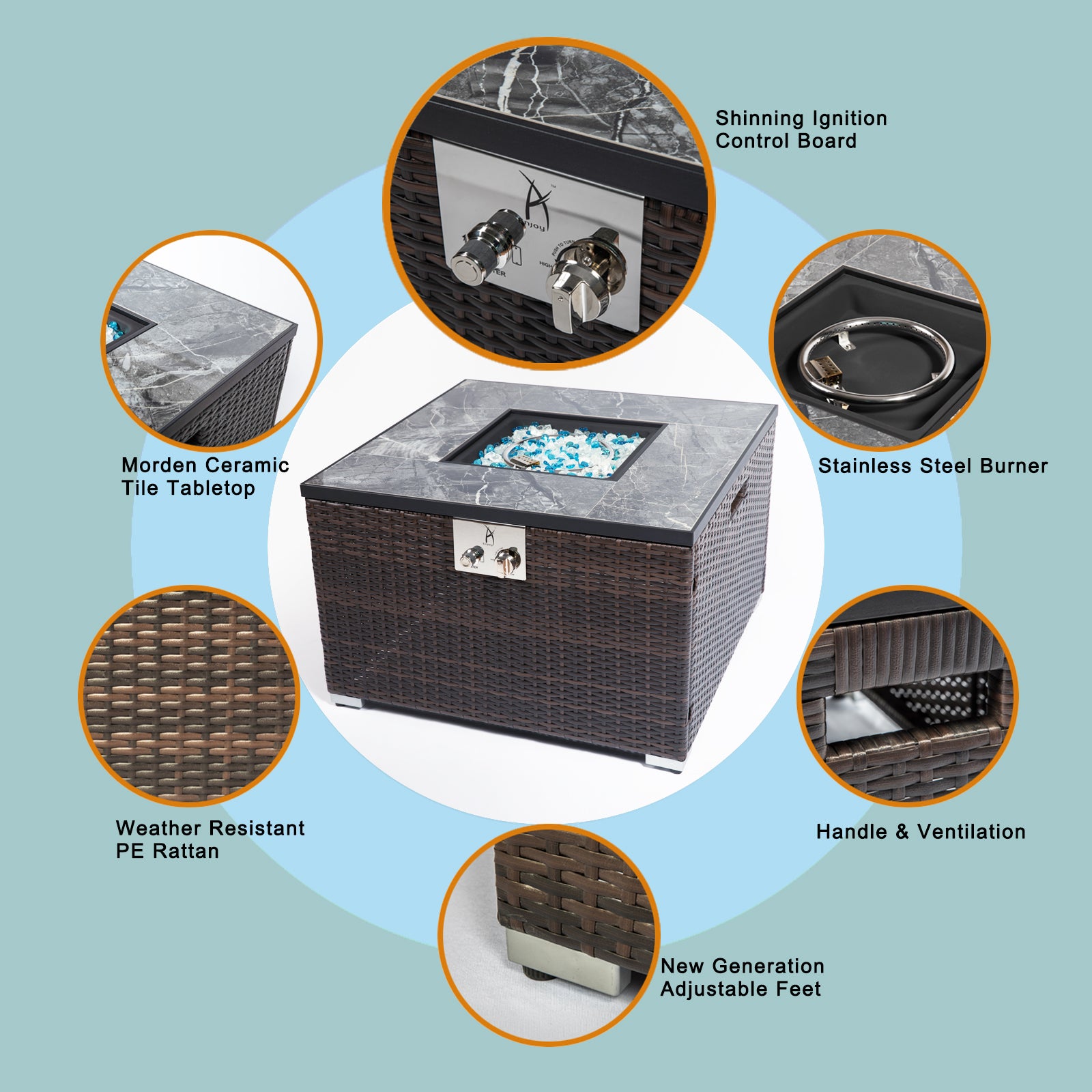32" Outdoor Wicker Propane/Natural Gas Fire Pit Table Set,Square Gas Fire Pit with Marble Textured Ceramic Tabletop