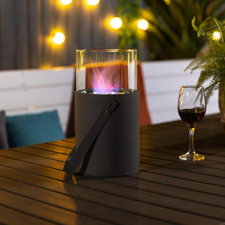 Metal Gel / Ethanol Tabletop Fireplace with Lockable Handle and Tempered Glass Flame Guard Grey