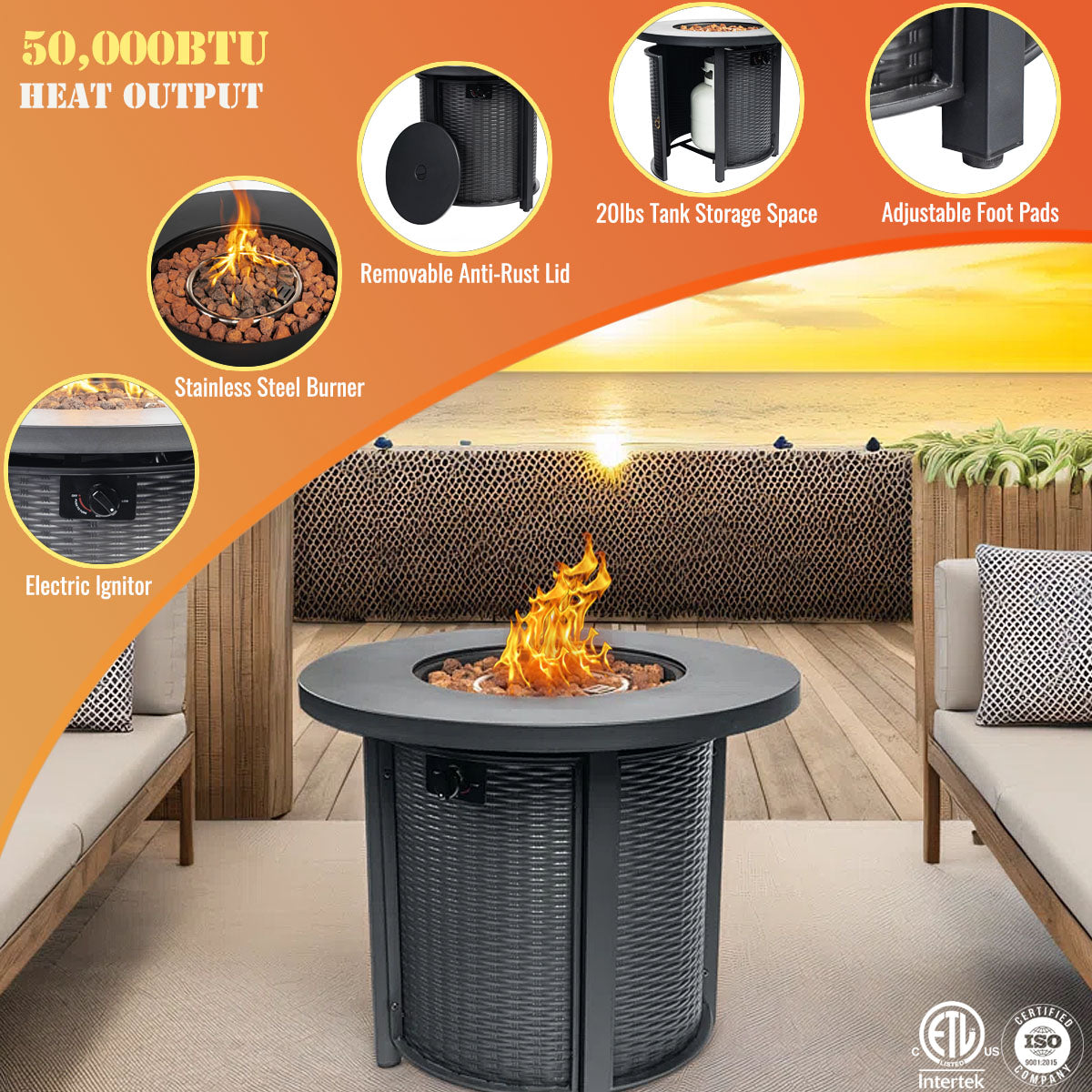 AJ Enjoy 30'' Round Wicker Propane/Natural Gas Fire Pit Table, 2 Colors