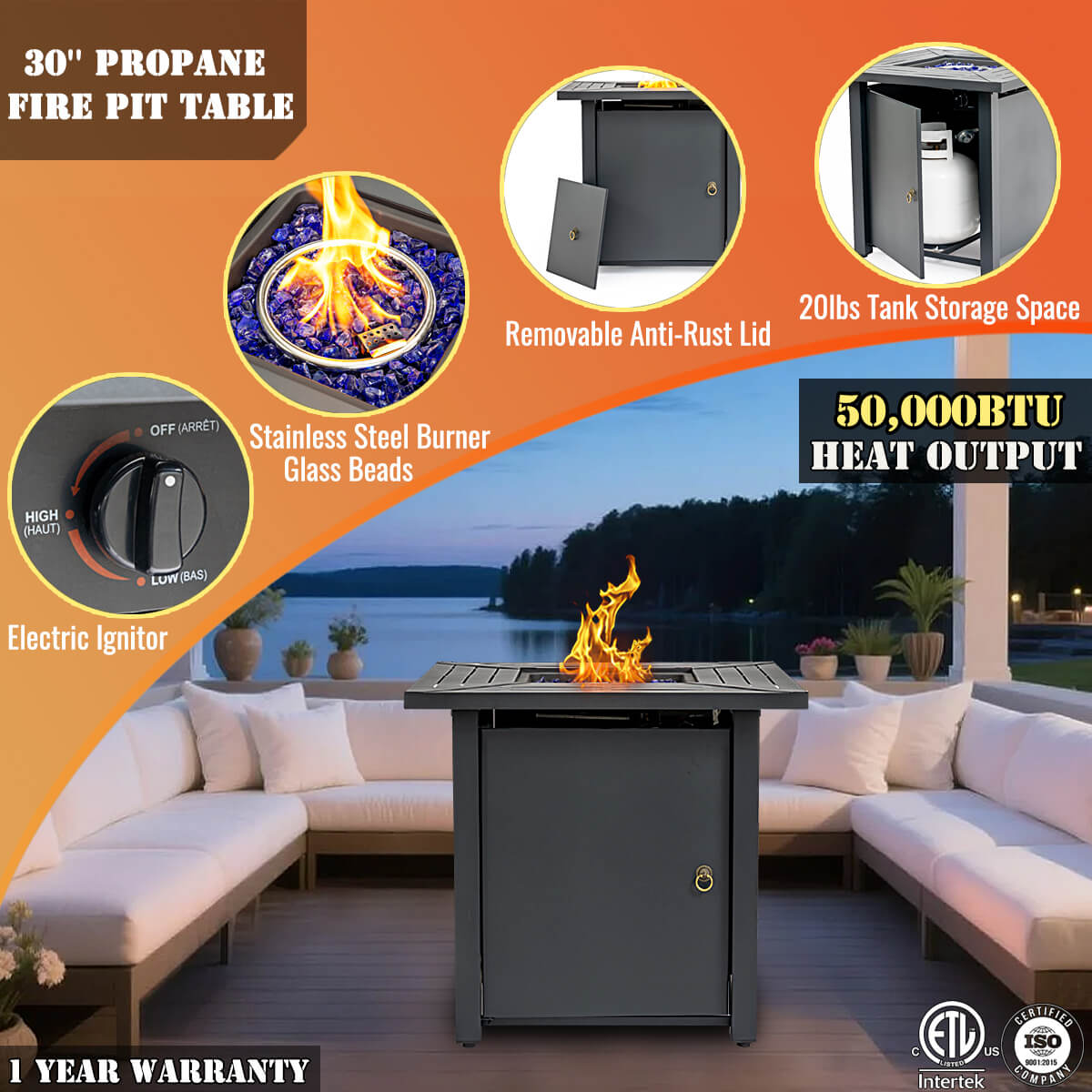 AJ Enjoy 30'' Square Propane/Natural Gas Fire Pit Table, Black