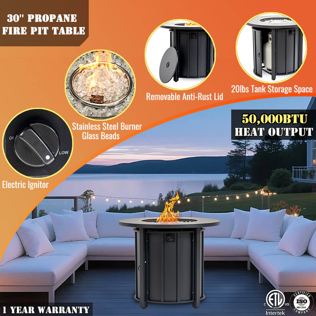 AJ Enjoy 30'' Round Propane/Natural Gas Fire Pit Table, Black
