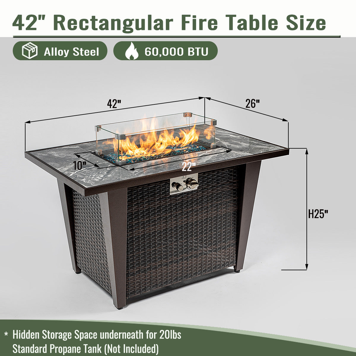 AJ Enjoy 42'' Rectangular Wicker Propane/Natural Gas Fire Pit Table with Glass Wind Guard