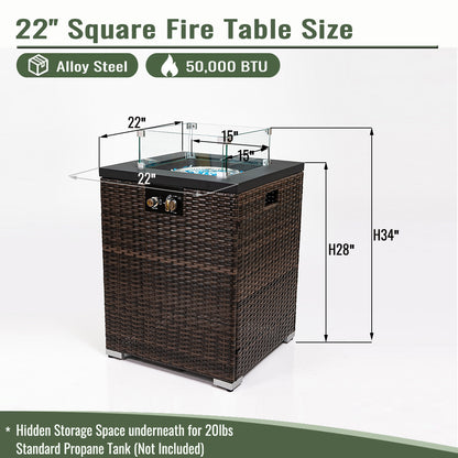 AJ Enjoy 22'' Square Wicker Propane/Natural Gas Fire Pit Table with Glass Wind Guard