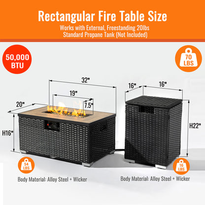 AJ Enjoy 32'' 2-Piece Rectangular Wicker Propane/Natural Gas Fire Pit Table Set, 3 Colors