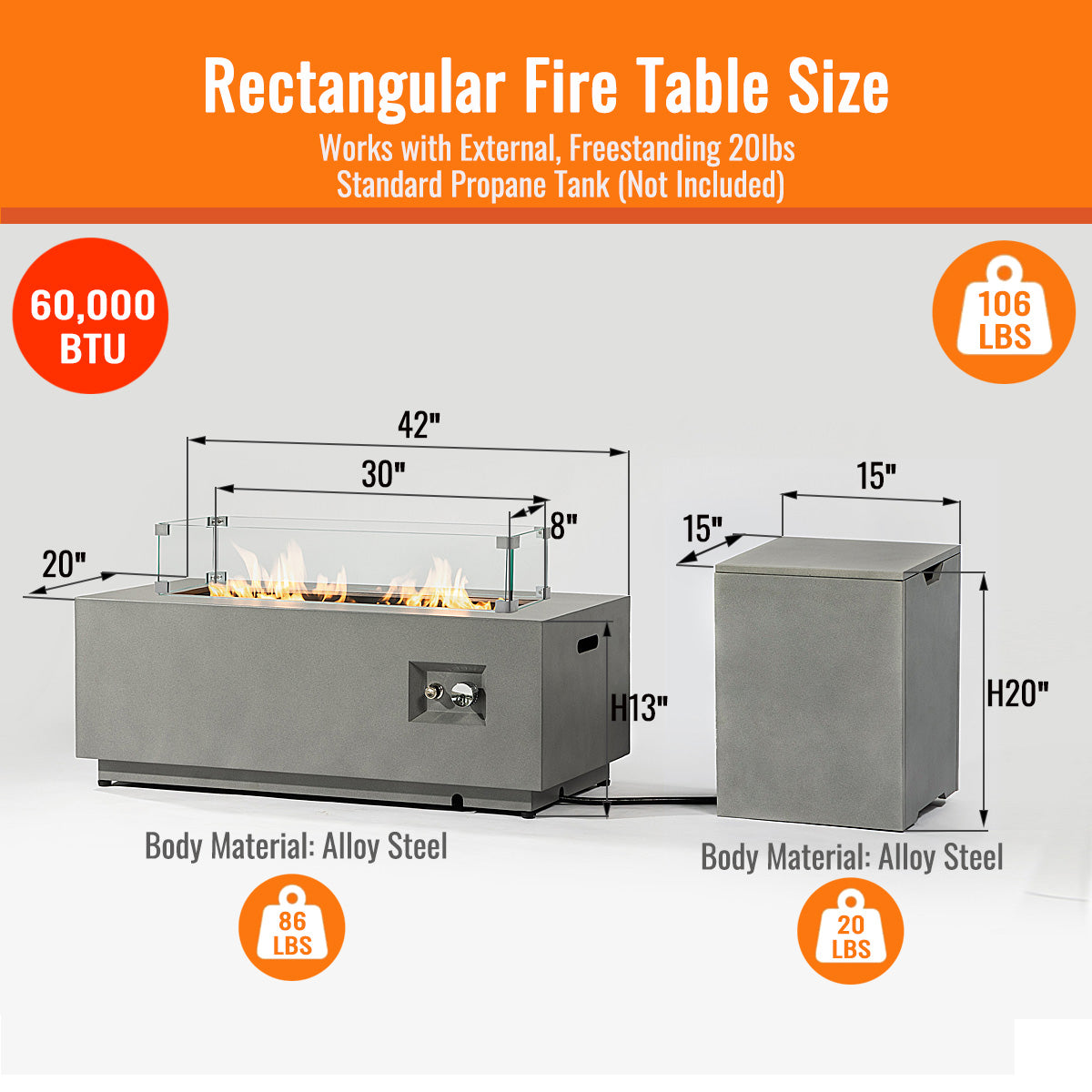 AJ Enjoy 42'' 2-Piece Rectangular Steel Propane/Natural Gas Fire Pit Table Set