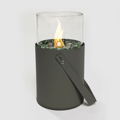 Metal Gel / Ethanol Tabletop Fireplace with Lockable Handle and Tempered Glass Flame Guard Grey