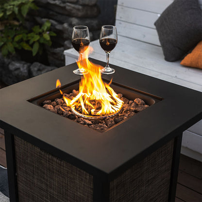 Outdoor Gas FirePit Table 28 Inch Propane Fire Pit Table 50,000 BTU with Free Lava Rock and Tabletop Lid, Square Outdoor Table for Patio and Garden