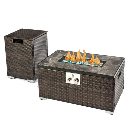 32'' Rectangular Wicker Outdoor Fire Pit Table with Propane Tank Cover