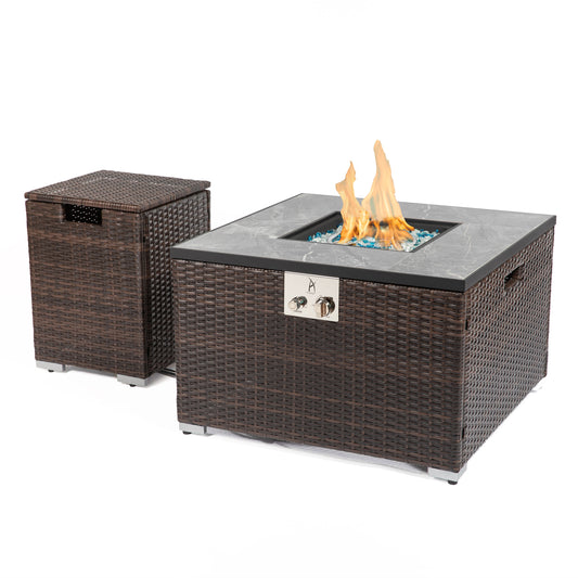 32" Outdoor Wicker Propane/Natural Gas Fire Pit Table Set,Square Gas Fire Pit with Marble Textured Ceramic Tabletop