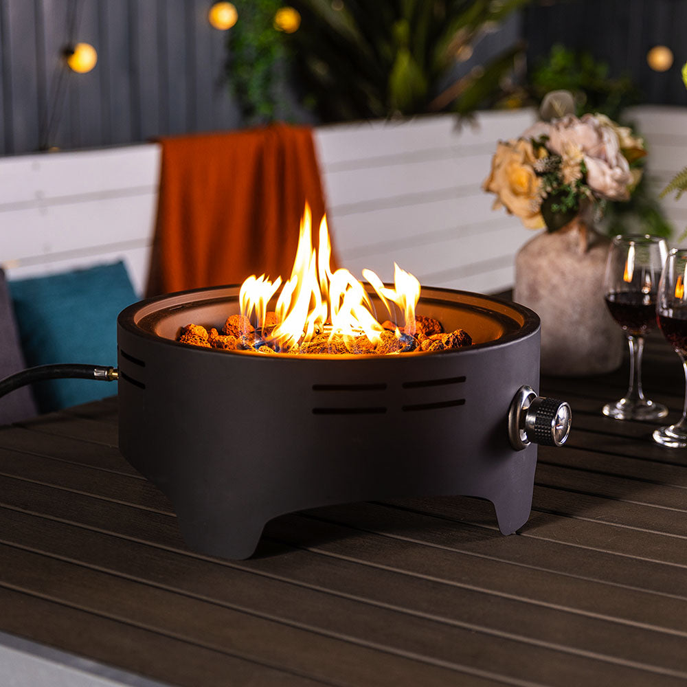 15'' Round Camping fire Pit with Lcokable Cover Lid as Portable Handle, 40,000 BTU Round Tabletop Propane/Natural Gas Fire Pit, Black
