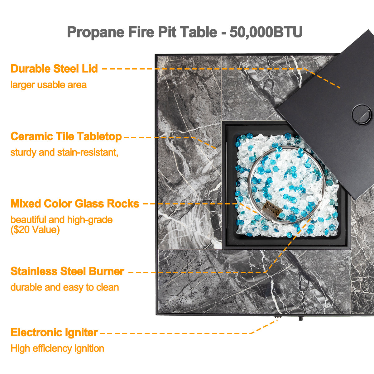 32" Outdoor Wicker Propane/Natural Gas Fire Pit Table Set,Square Gas Fire Pit with Marble Textured Ceramic Tabletop