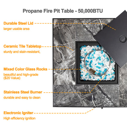 32" Outdoor Wicker Propane/Natural Gas Fire Pit Table Set,Square Gas Fire Pit with Marble Textured Ceramic Tabletop