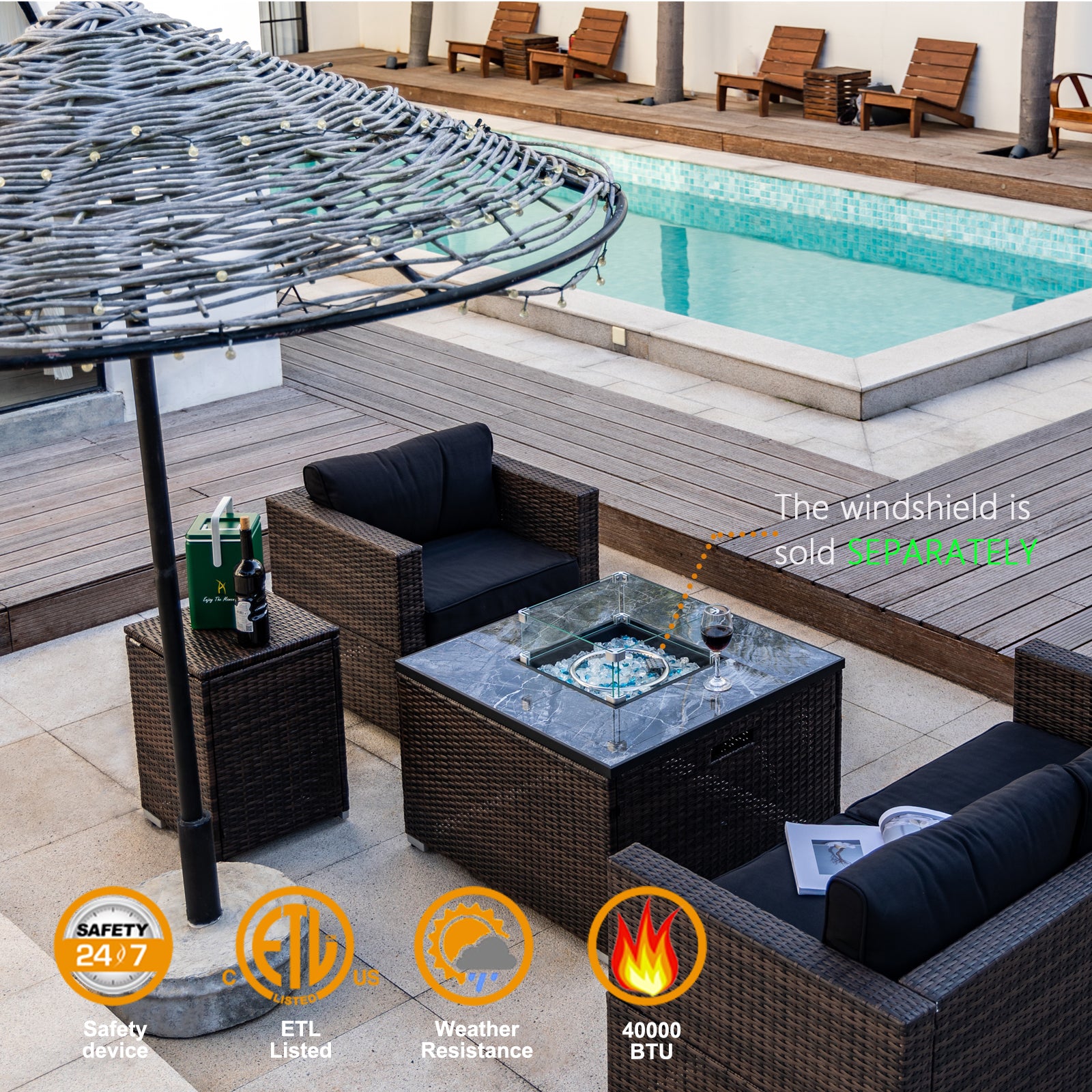 32" Outdoor Wicker Propane/Natural Gas Fire Pit Table Set,Square Gas Fire Pit with Marble Textured Ceramic Tabletop