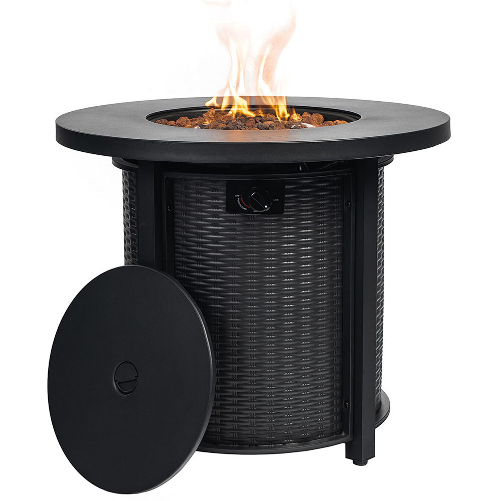 Outdoor Round Wicker Propane/Natural Gas Fire Pit Table, 50,000 BTU Steel Gas FirePit with Steel Lid