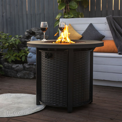Outdoor Round Wicker Propane/Natural Gas Fire Pit Table, 50,000 BTU Steel Gas FirePit&nbsp; with Steel Lid