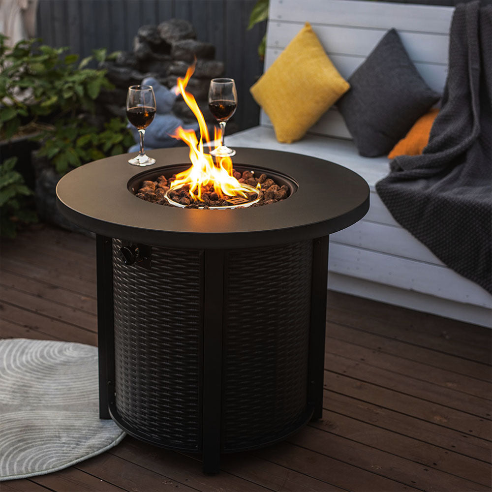 Outdoor Round Wicker Propane/Natural Gas Fire Pit Table, 50,000 BTU Steel Gas FirePit with Steel Lid