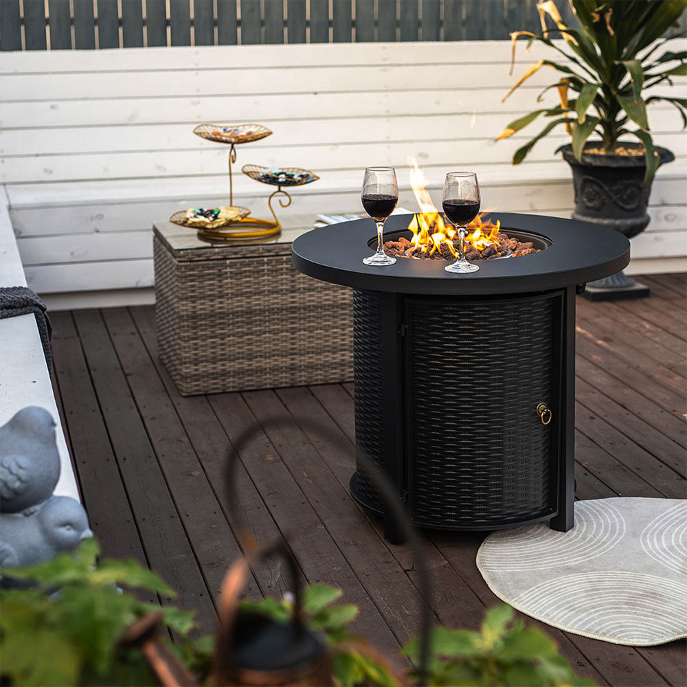 Outdoor Round Wicker Propane/Natural Gas Fire Pit Table, 50,000 BTU Steel Gas FirePit&nbsp; with Steel Lid