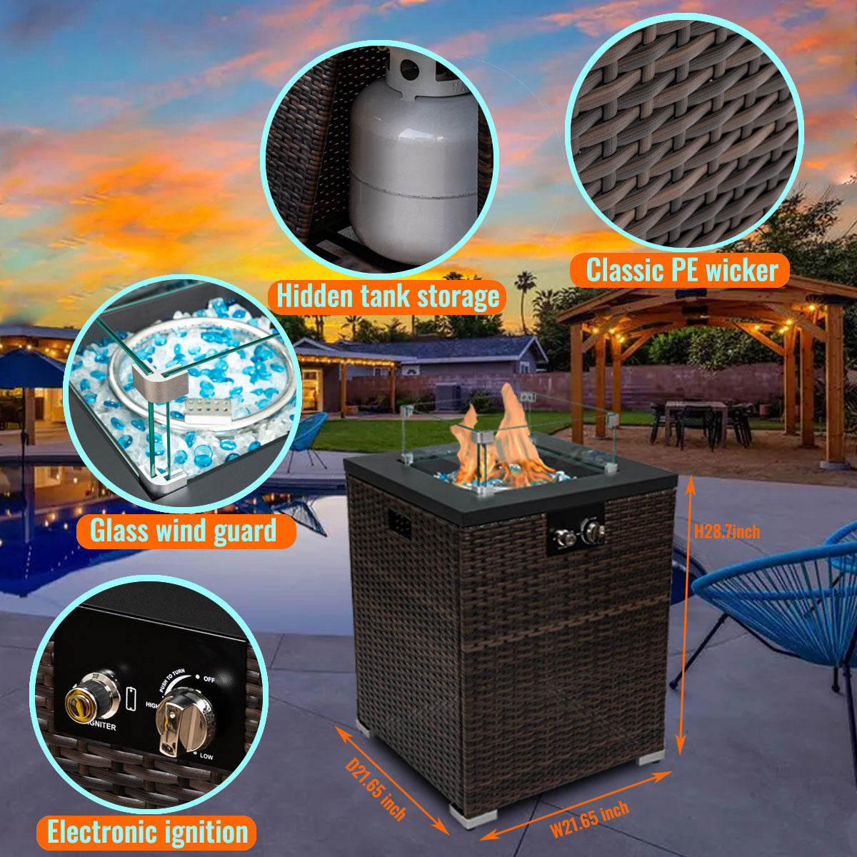 22" Outdoor Wicker Propane/Natural Gas Fire Pit Table, 40,000 BTU Auto-Ignition Gas Firepit with Glass Wind Guard