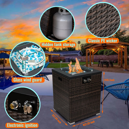 22" Outdoor Wicker Propane/Natural Gas Fire Pit Table, 40,000 BTU Auto-Ignition Gas Firepit with Glass Wind Guard