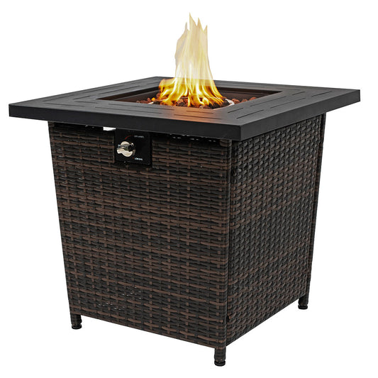 28 inch Propane Fire Pit Table, 50,000 BTU Fire Table with Brown Wicker, Laval Rocks, Inclined Leg Design