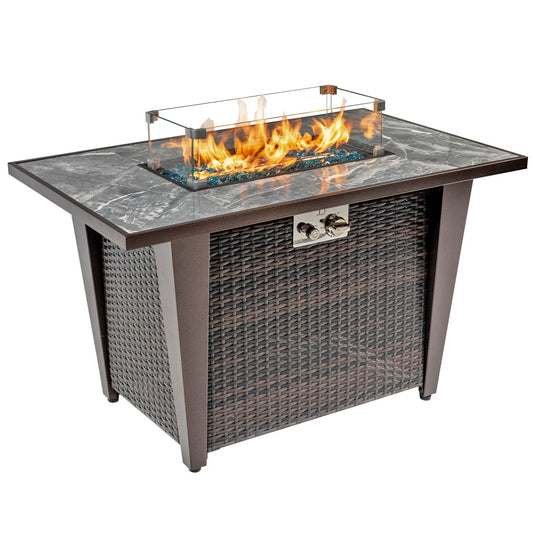 42" Propane Fire Pit Table with Stylish Sloping Legs and Wicker Design - 50,000 BTU Fire Table for Outdoor Gatherings