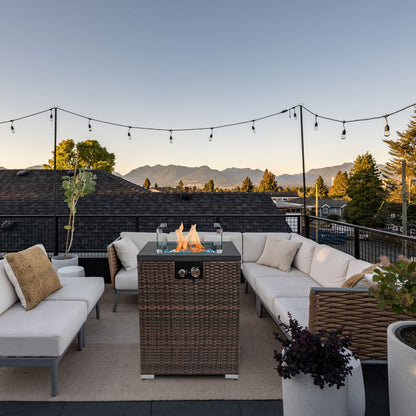 22" Outdoor Wicker Propane/Natural Gas Fire Pit Table, 40,000 BTU Auto-Ignition Gas Firepit with Glass Wind Guard