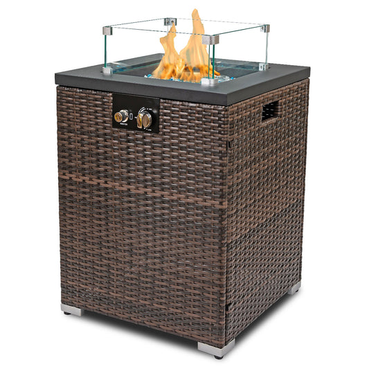 22inch Wicker Fire Pit Column with Glass Windshield and Lid - 40,000 BTU