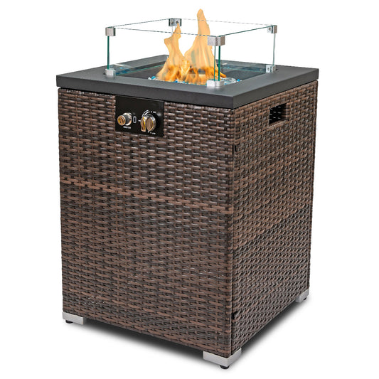 22" Outdoor Wicker Propane/Natural Gas Fire Pit Table, 40,000 BTU Auto-Ignition Gas Firepit with Glass Wind Guard