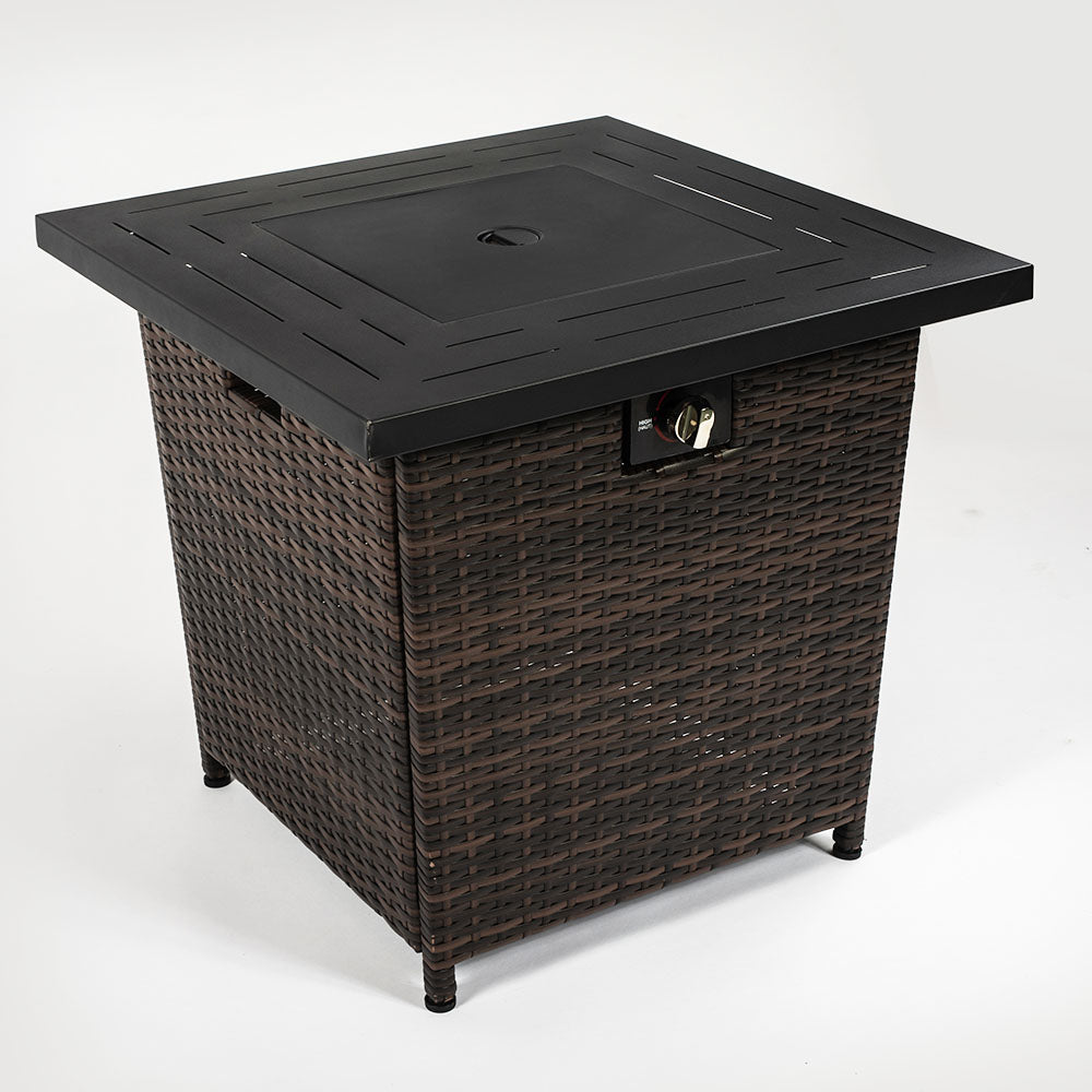 28 inch Propane Fire Pit Table, 50,000 BTU Fire Table with Brown Wicker, Laval Rocks, Inclined Leg Design