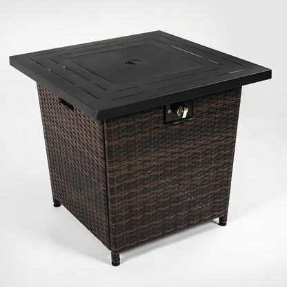 28 inch Propane Fire Pit Table, 50,000 BTU Fire Table with Brown Wicker, Laval Rocks, Inclined Leg Design