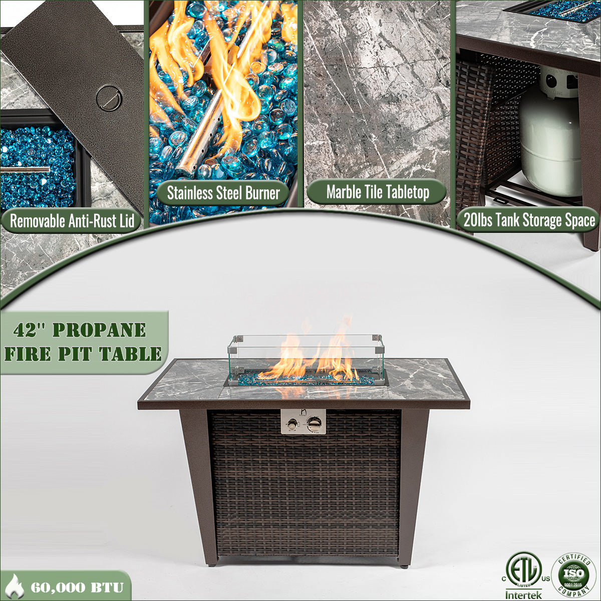 AJ Enjoy 42'' Rectangular Wicker Propane/Natural Gas Fire Pit Table with Glass Wind Guard