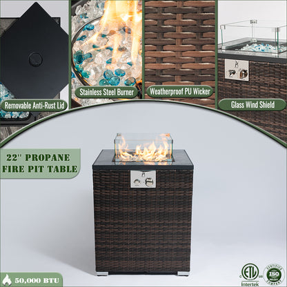 AJ Enjoy 22'' Square Wicker Propane/Natural Gas Fire Pit Table with Glass Wind Guard