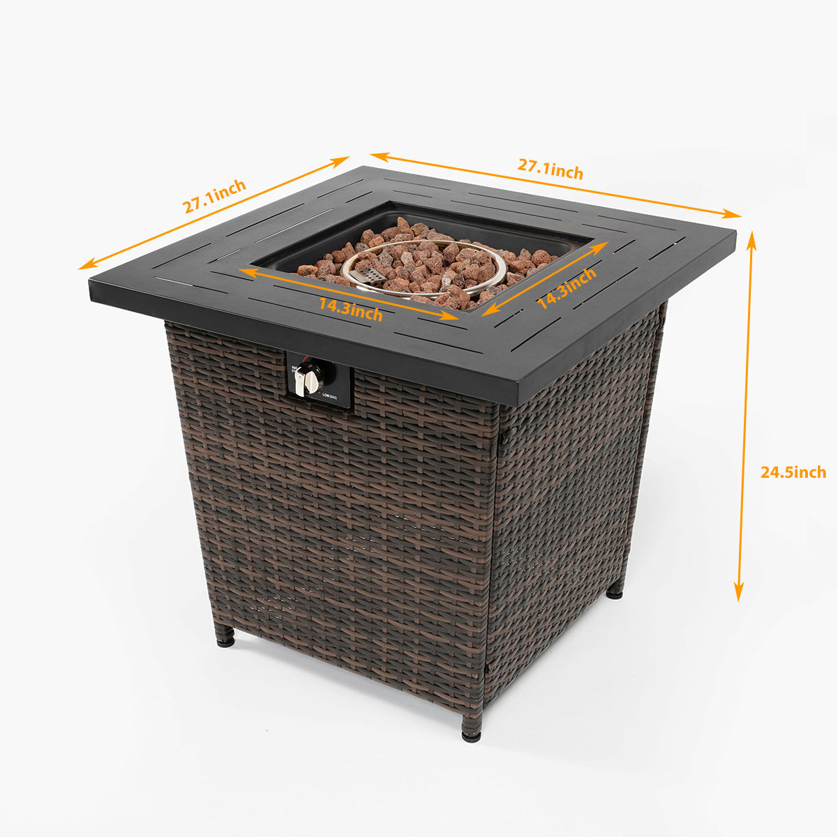 28 inch Propane Fire Pit Table, 50,000 BTU Fire Table with Brown Wicker, Laval Rocks, Inclined Leg Design
