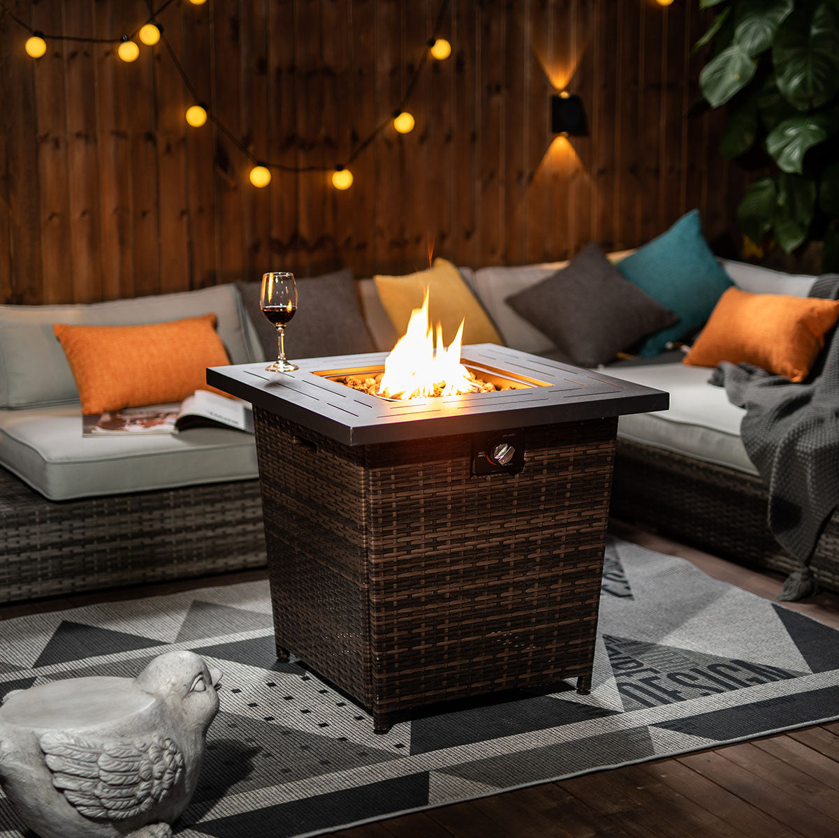 28 inch Propane Fire Pit Table, 50,000 BTU Fire Table with Brown Wicker, Laval Rocks, Inclined Leg Design