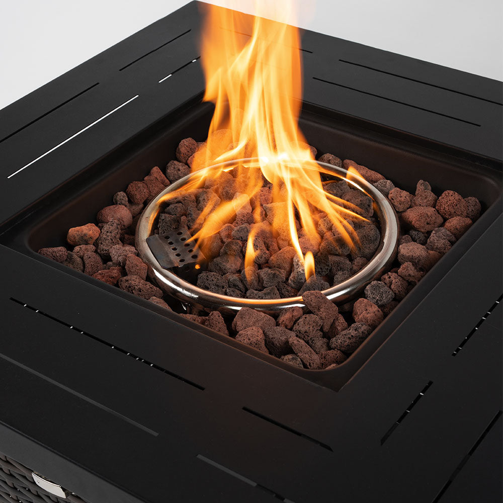 28 inch Propane Fire Pit Table, 50,000 BTU Fire Table with Brown Wicker, Laval Rocks, Inclined Leg Design