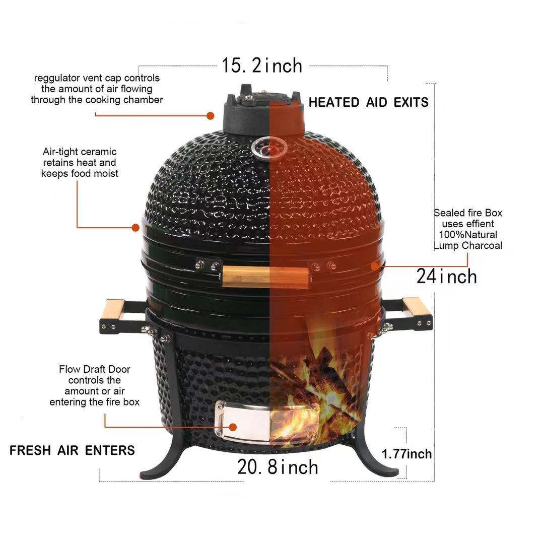 15 Inch Mini Kamado Grill Garden Ceramic Grills BBQ Smoker without Side Table-Matte black