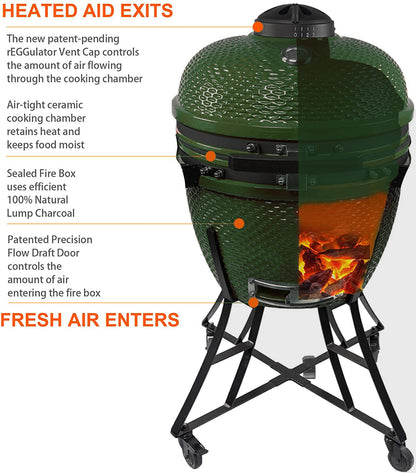 24inch Barbecue Charcoal Grill, Ceramic Kamado Grill with Side Table, Suitable for Camping and Picnic, GREEN